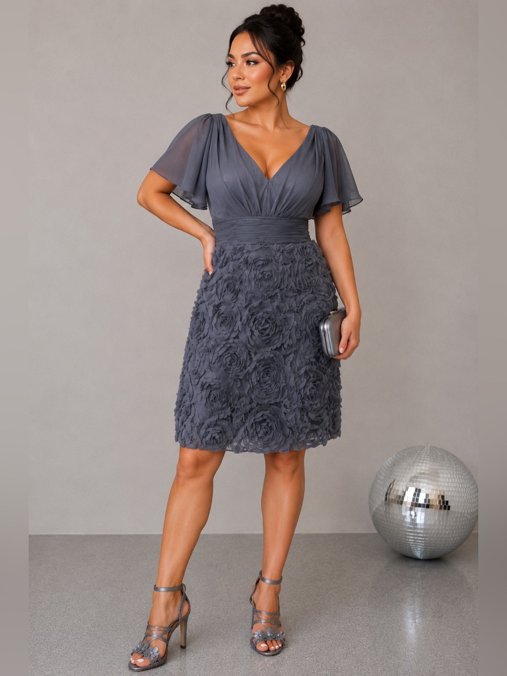 JS Collections Gray Cocktail Dress, Size 12, Rosettes and Chiffon, NWOT